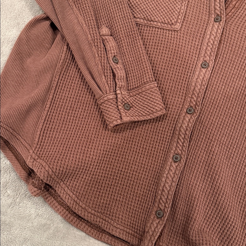 Aerie Brown Button-Up Waffle Knit Shirt - Picture 2 of 4